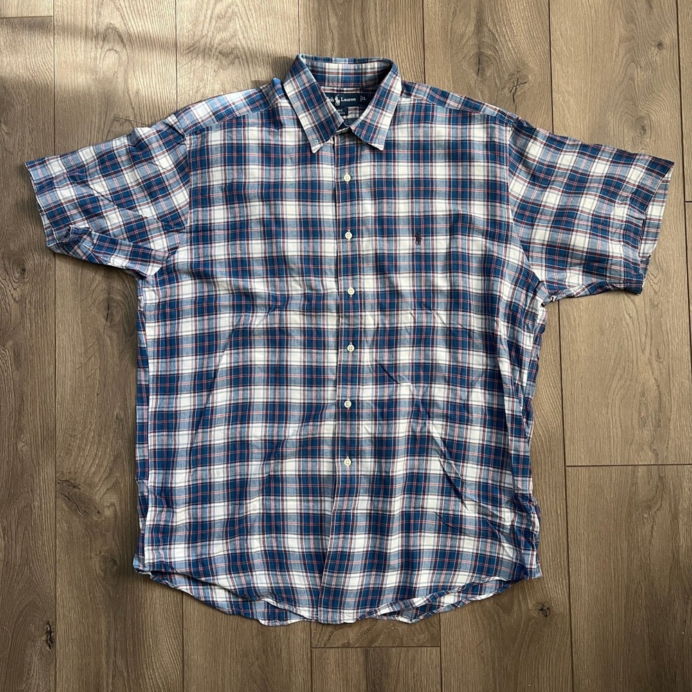 Polo Ralph Lauren Blake Mens Large Blue Plaid Short Sleeve Cotton Button Down